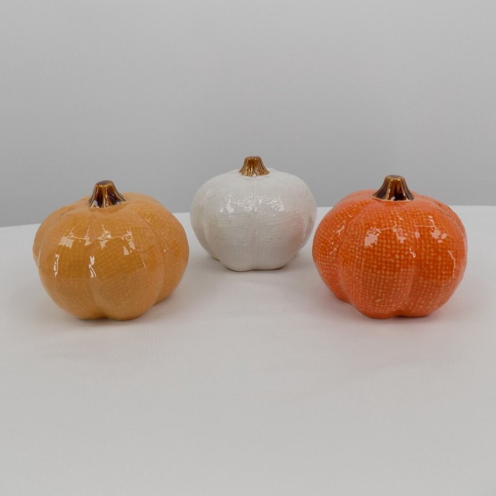 Set of 3 Ashland Ceramic Pumpkins Fall Heirloom Harvest Tabletop Decor New - Picture 2 of 9